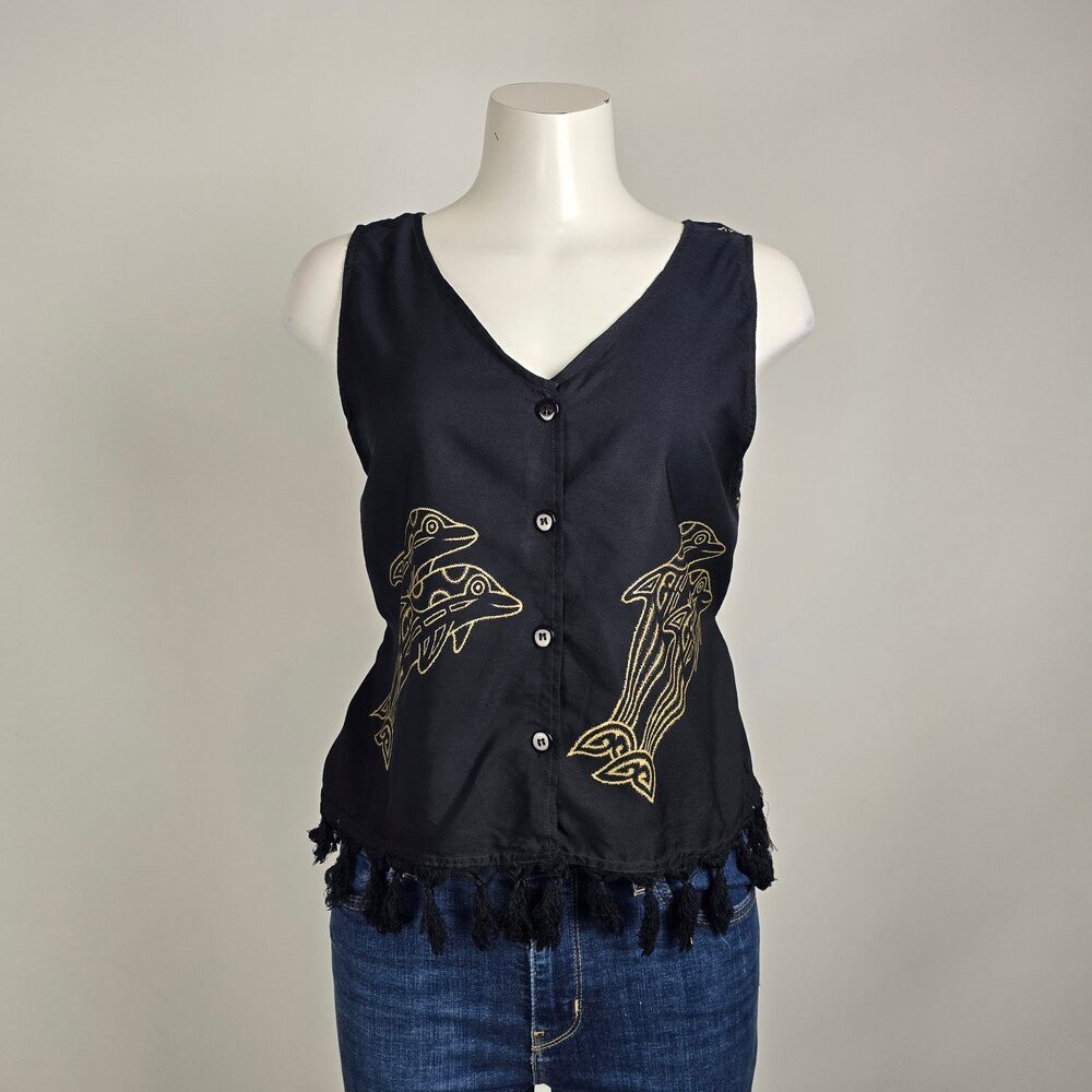 Rima Beachwear Dolphin Print Top Black Tassel Hem Button Front Boho Size M/L